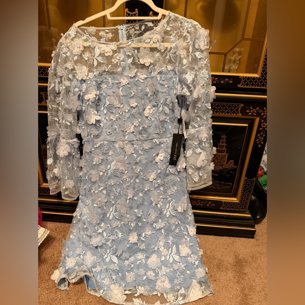 JAX Black Label Powder Blue Lace Floral Applique Long Sleeve Dress
